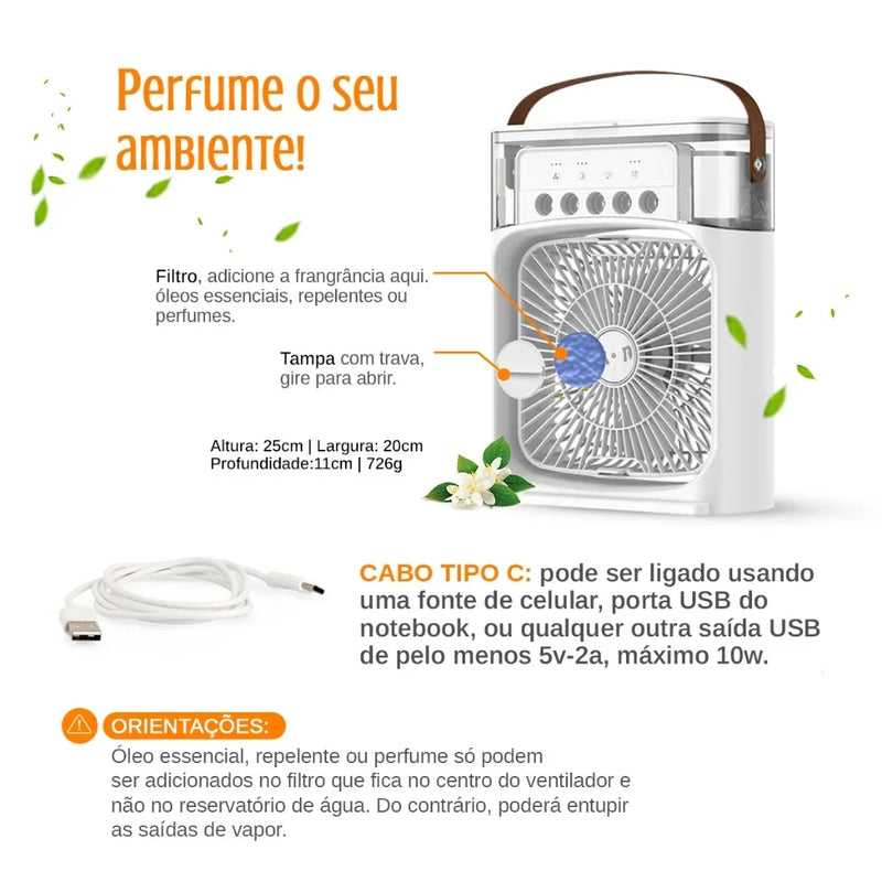 Climatizador de ar portátil - ventilador elétrico, luz noturna led, névoa de água, umidificador divertido 3 em 1