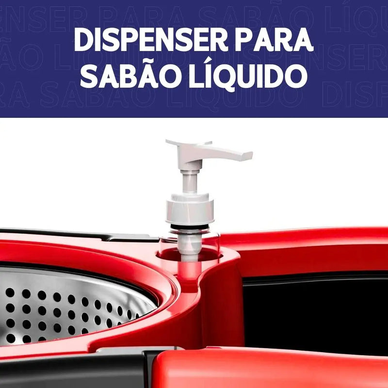 Mop / esfregão giratório com cesto em Inox - com 2 refis e dispenser para sabão