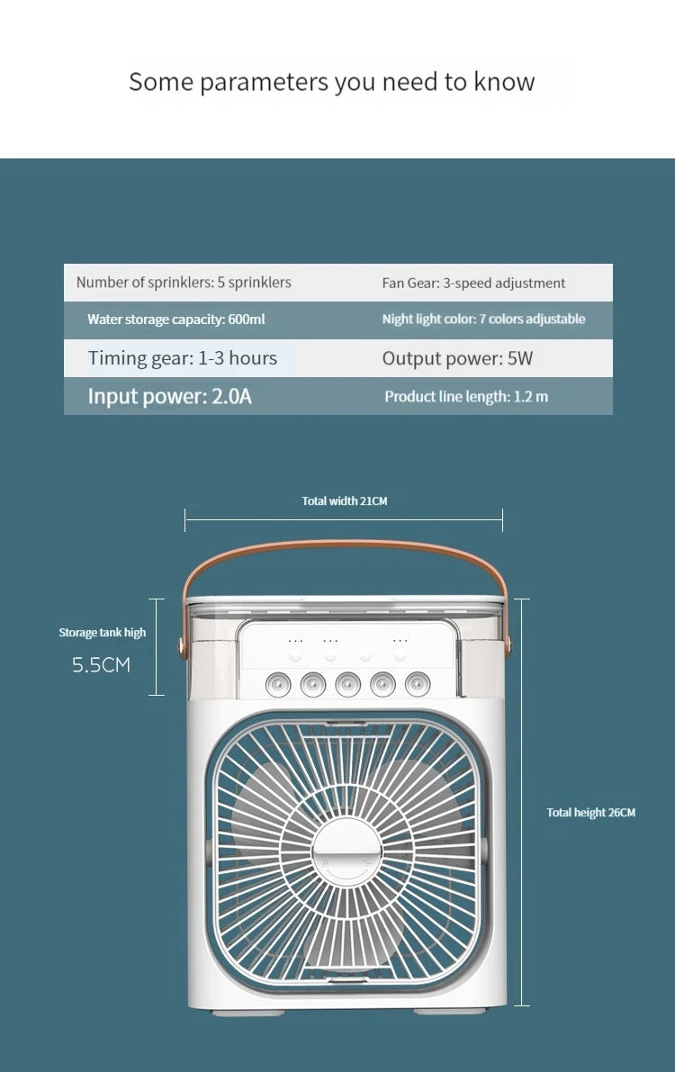 Climatizador de ar portátil - ventilador elétrico, luz noturna led, névoa de água, umidificador divertido 3 em 1